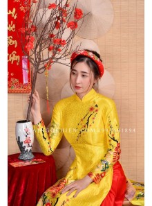áo dài Tết Cành Mai Vàng/Pháo Hoa (màu vàng/đỏ)